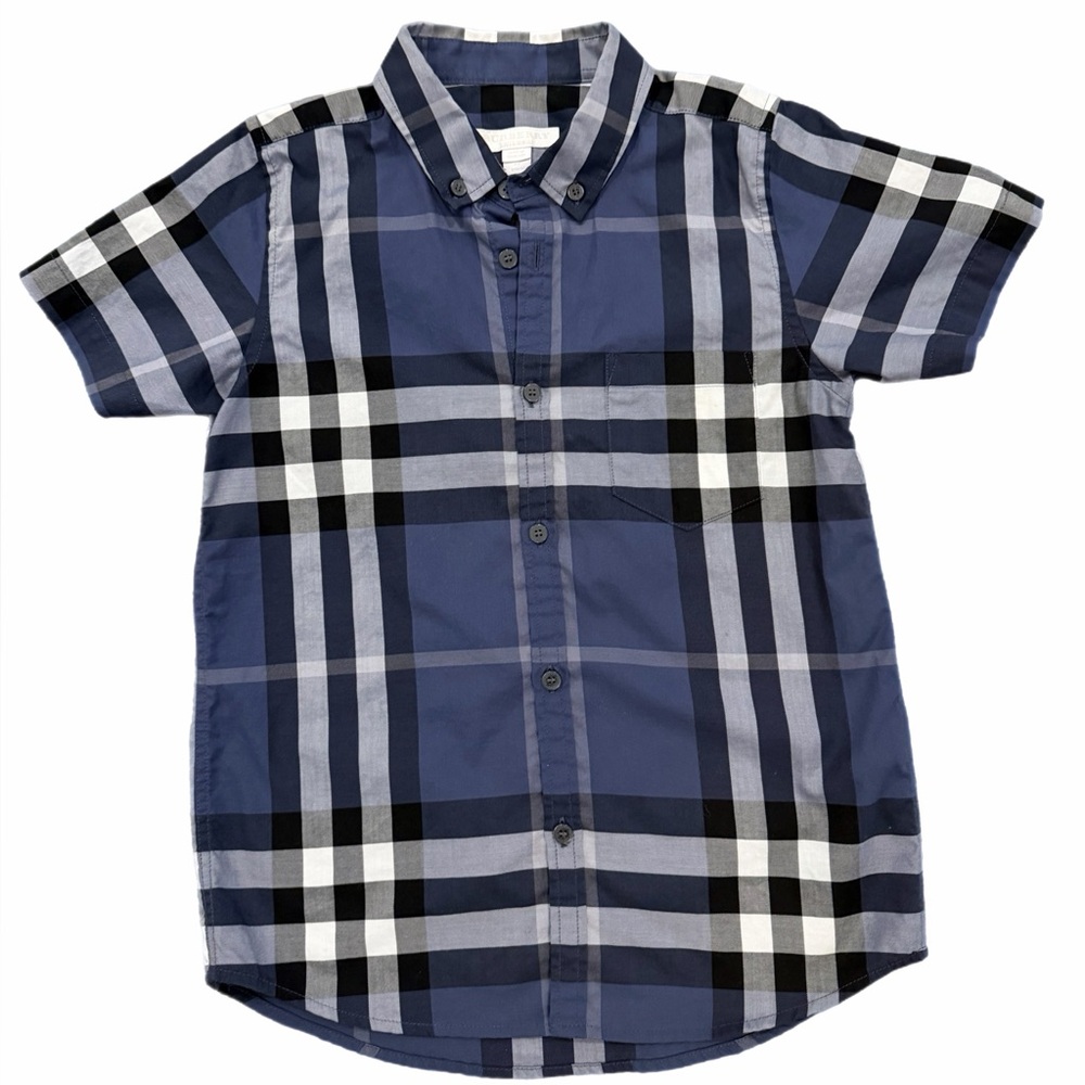 Burberry Boys Navy Blue Black White Plaid Short Sleeve Button-Up Shirt - Size 8